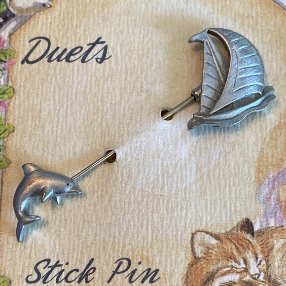 Vtg Pewter Sailboat & Dolphin Pin - Picture 2 of 2
